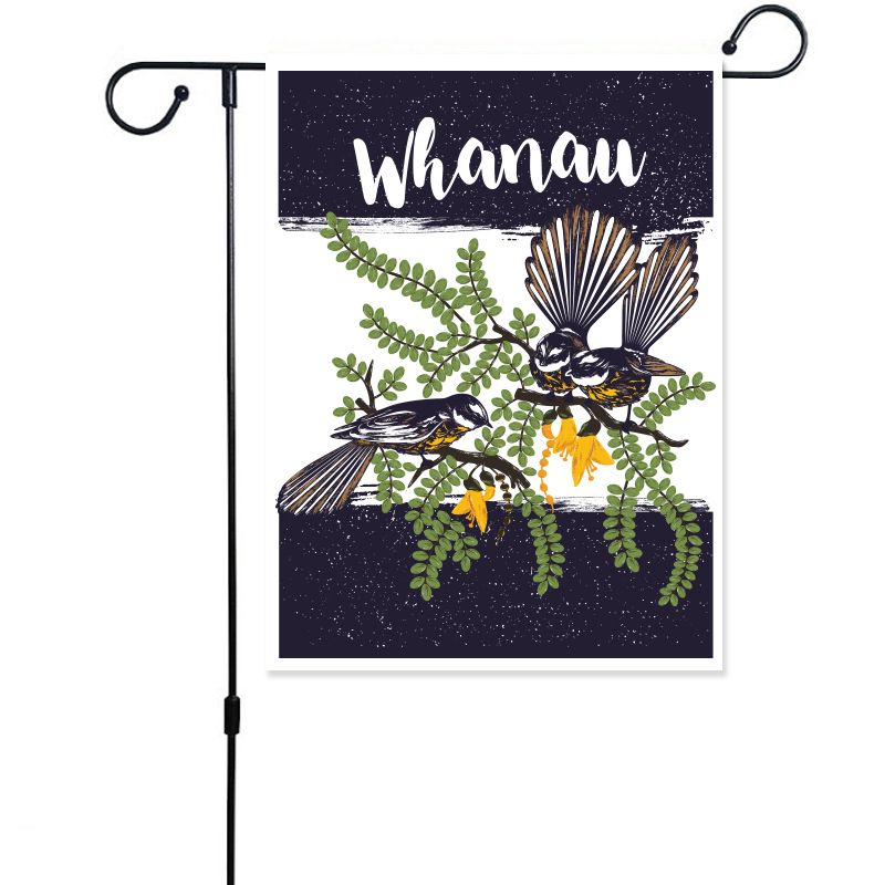 Garden Stake set of 3 featuring WHANAU design, 90cm tall, waterproof canvas, perfect for family-themed outdoor decor.