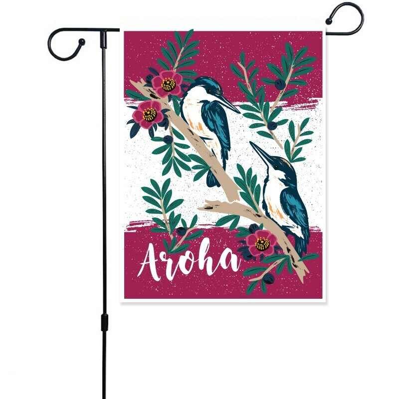 Garden stake set featuring Aroha and Kingfisher designs, 90cm tall, waterproof canvas for durable outdoor decor.