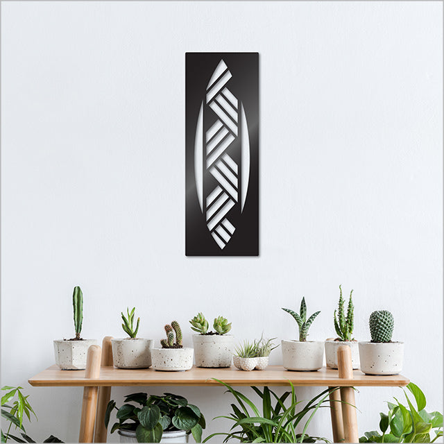 Large black ACM art panel featuring a leaf weave design, suitable for indoor and outdoor decor, lightweight and ready to hang.