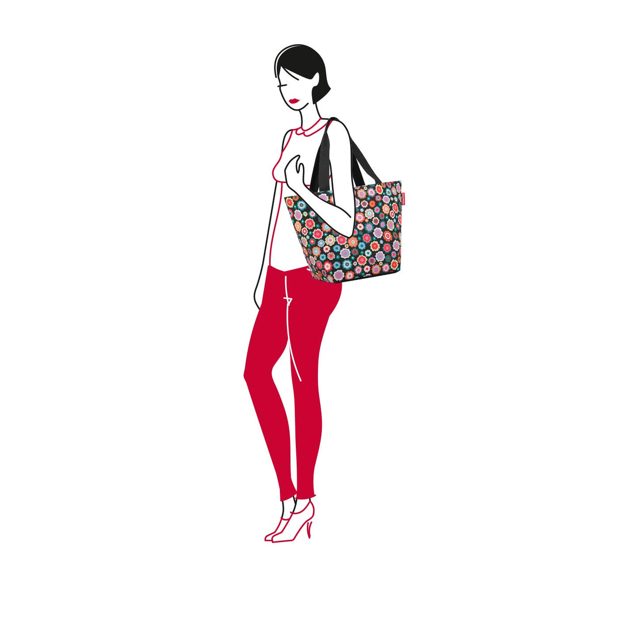 Colorful Reisenthel Shopper Bag in Happy Flowers, spacious, water-repellent, with zip closure and internal pocket for organization.