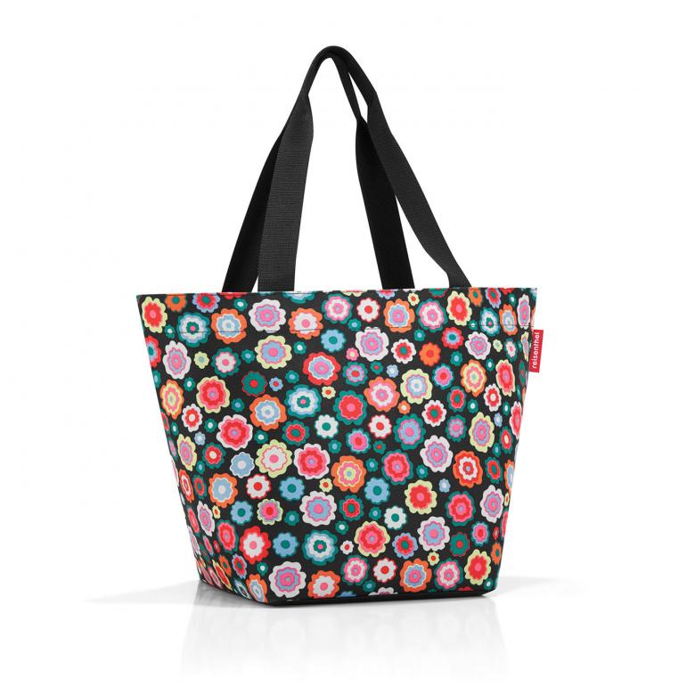 Colorful Reisenthel Shopper Bag featuring a floral design, water-repellent fabric, zip closure, and spacious 15L capacity.