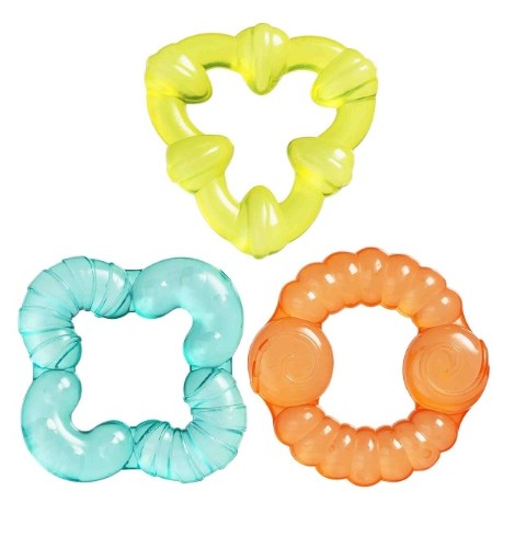 Colorful water teething toys in a 3-pack, designed for soothing gums and promoting oral development in infants.
