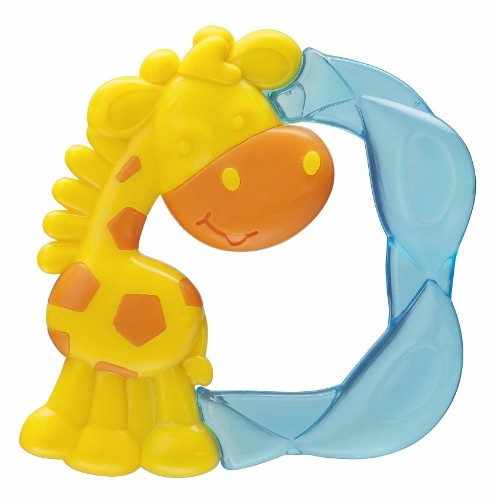 Giraffe-shaped water teether for soothing teething relief, designed for sensory exploration and easy to grip by babies.