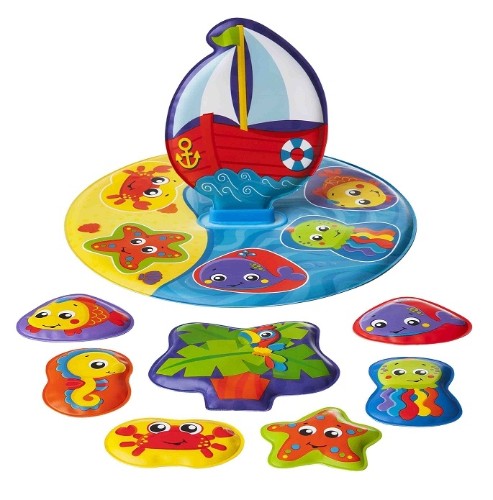 Colorful floating bath puzzle featuring sea creatures, designed for toddlers to promote sensory play and motor skills.