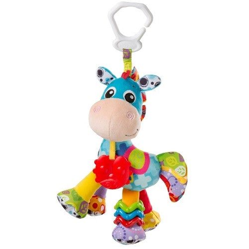 Colorful Clip Clop Activity Friend plush toy with textures, sounds, and a horse design for sensory development and play.