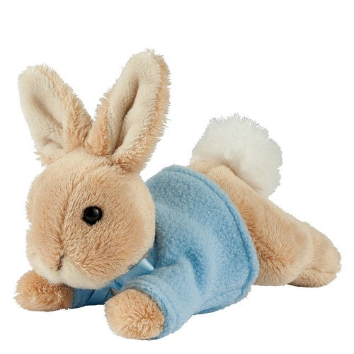 Soft 16cm Plush Lying Peter Rabbit, ideal for cuddles and play, inspired by Beatrix Potter's classic character.