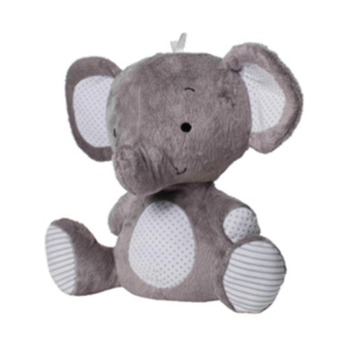 Soft grey elephant cuddly toy by Playgro, 30cm, designed for sensory play and comforting companionship for infants and toddlers.