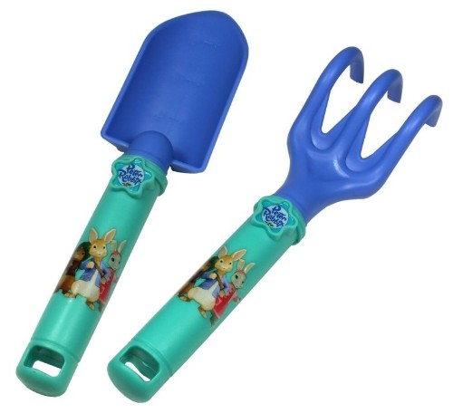 "Peter Rabbit 2 Piece Hand Tool Set for kids, featuring a trowel and hand fork, perfect for fostering outdoor gardening fun."