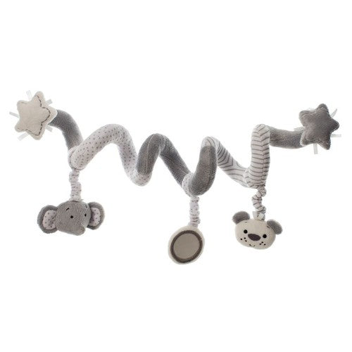 Soft grey elephant toy with textures and sounds, designed to enhance sensory play and motor skills for infants.
