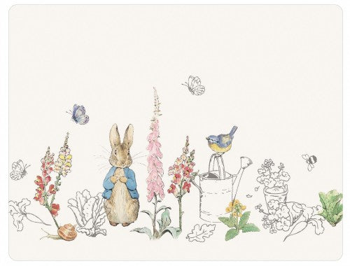 Set of 6 Peter Rabbit place mats featuring whimsical designs, heat-resistant surface, and cork backing for furniture protection.
