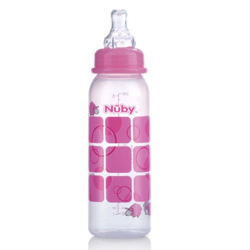 Assorted Nuby Printed Bottle, 240ml, BPA-free, anti-colic, with medium-flow teats and fun designs for safe feeding.