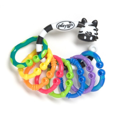 Brightly colored Zebra Links teething toy featuring textured, BPA-free attachments for soothing sore gums and promoting fine motor skills.