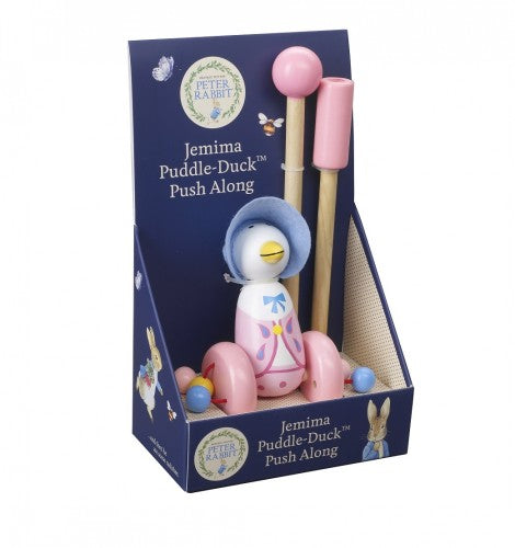 Jemima Puddle-Duck Push Along toy, crafted in Beatrix Potter style, perfect for toddlers' imaginative play and motor skill development.