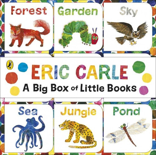 Colorful collection of Eric Carle storybooks in a sturdy box, perfect for young readers ages 3 to 7.