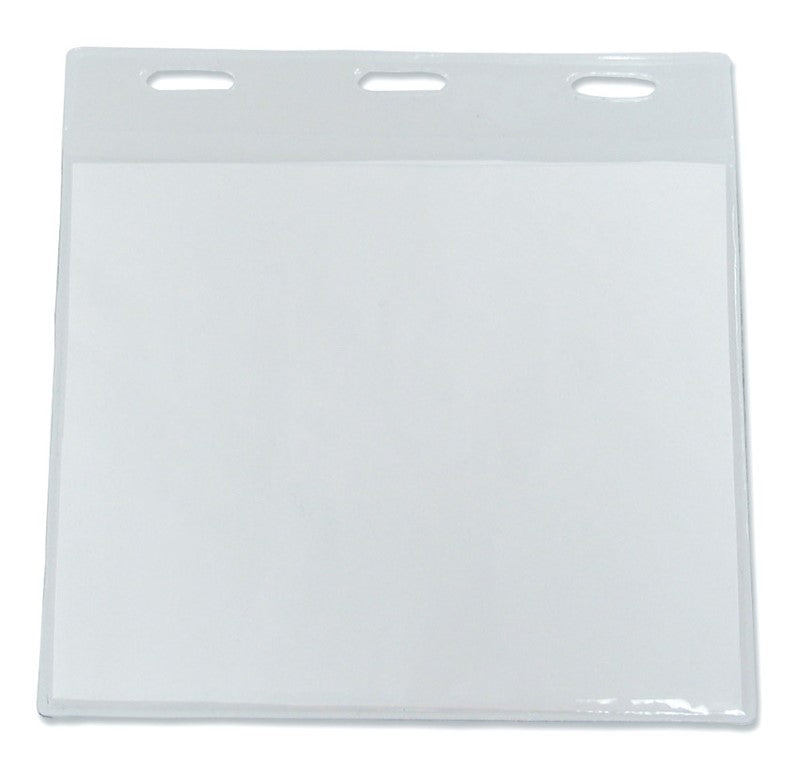 Premium single pocket badge holder in transparent PVC, designed for secure display of ID cards measuring 105mm x 85mm.