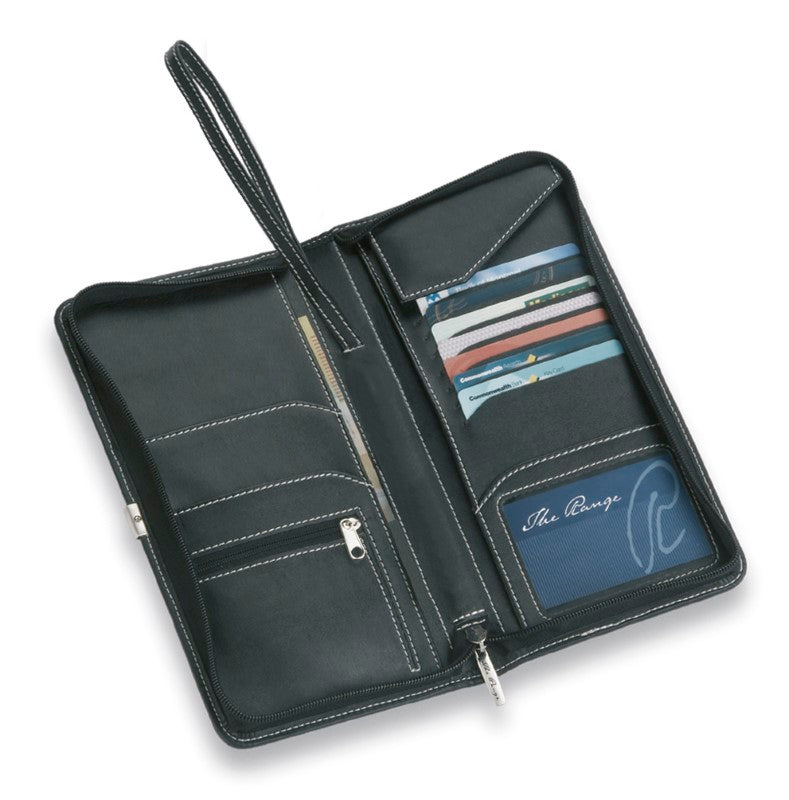 Elegant Nappa Travel Wallet with zipper closure, wrist strap, and organized pockets for IDs and documents, in a gift box.