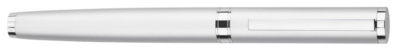 Sleek matt silver roller ball pen with shiny accents, removable cap, and smooth black ink for effortless writing.