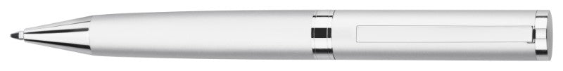 Sleek Gosfield Collection metal ballpoint pen in matte silver with shiny accents, featuring a twist action for smooth writing.