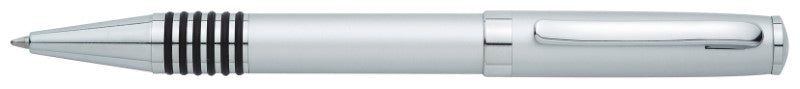 Sophisticated matte chrome metal ballpoint pen with twist action and silver accents, ideal for smooth writing.