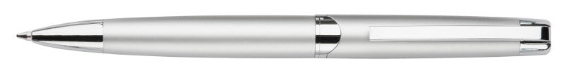 Twist-action metal ballpoint pen in matte silver with shiny accents, ergonomic design, perfect for stylish writing.