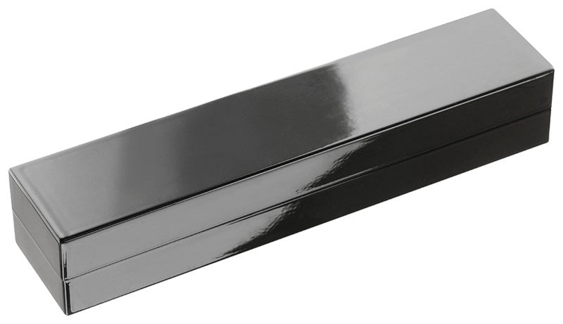 Elegant single pen box in gloss black with white lining and sash, perfect for stylish storage or gifting of fine pens.