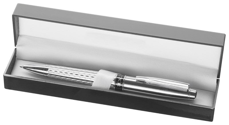 Elegant single pen box in gloss black plastic with white nylon lining and sash, perfect for stylish pen storage or gifting.