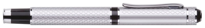 Sleek matt silver rollerball pen with diamond pattern and black accents, ideal for elegant writing and gifting.