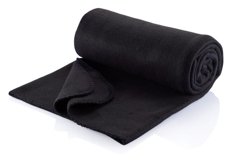 Stylish black polar fleece picnic rug, 1500mm x 1200mm, compactly folds in a durable bag for outdoor adventures.