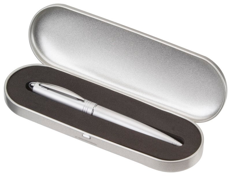 Elegant chrome tin metal presentation box with custom EVA insert, perfect for showcasing and organizing pens.