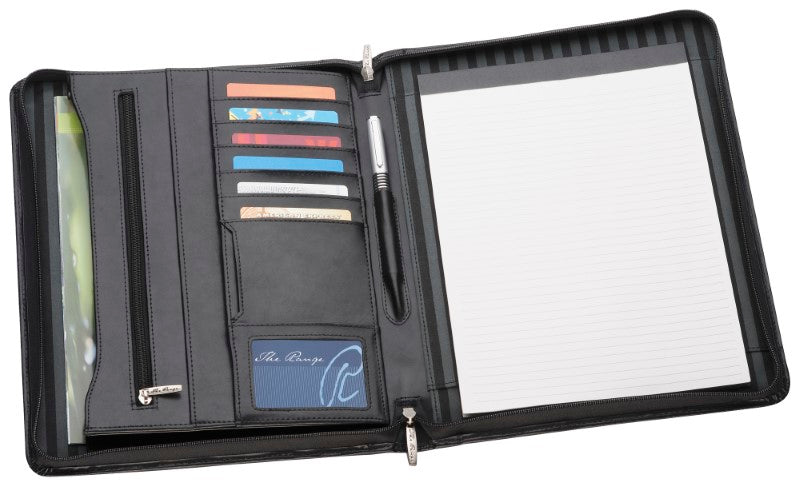 A4 leather compendium featuring a zippered closure, document pocket, card holders, and a lined writing pad, elegantly packaged.