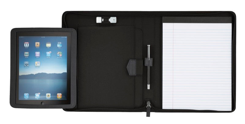 Sleek Pedova iPad Stand Padfolio with zip closure, removable easel stand, and organizational features for productivity on-the-go.