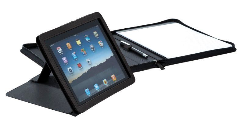 Sleek Pedova iPad Stand Padfolio with Ultrahyde, zippered closure, removable stand, and organizational panel for productivity.