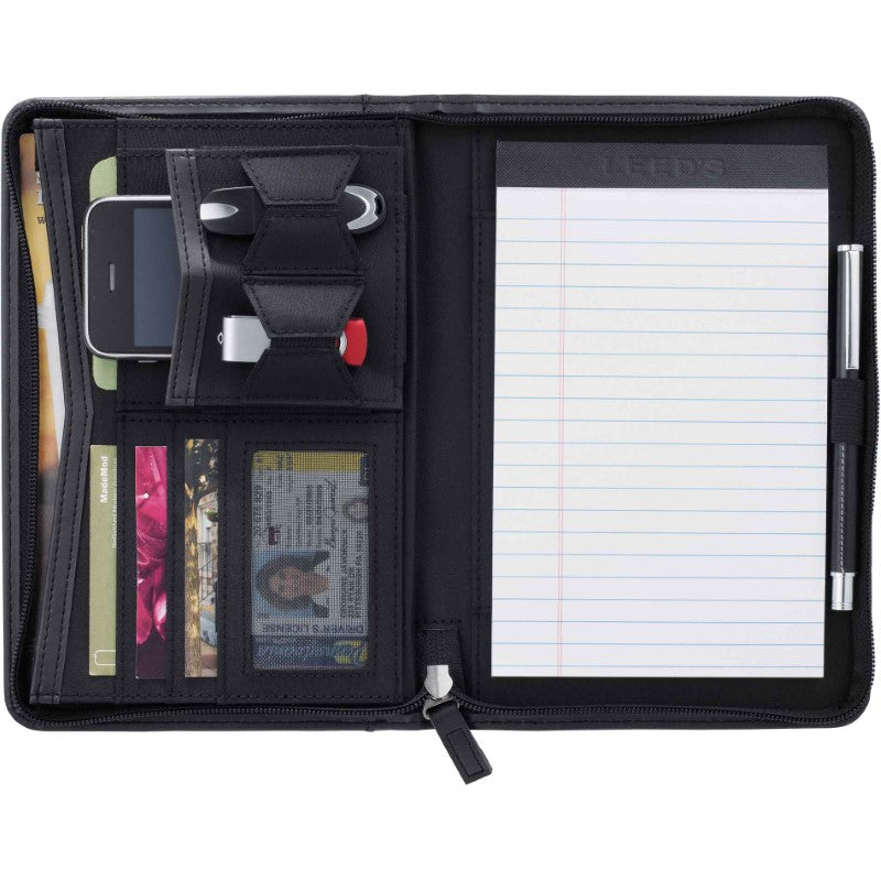 Stylish Pedova Jr. zippered padfolio in Ultrahyde with pockets, card holders, pen loop, and lined writing pad for professionals.