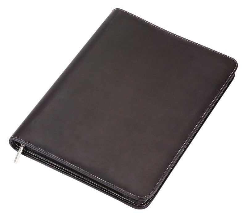 Elegant A4 compendium in high-quality PU with silver stitching, zippered closure, and ample storage for professionals.