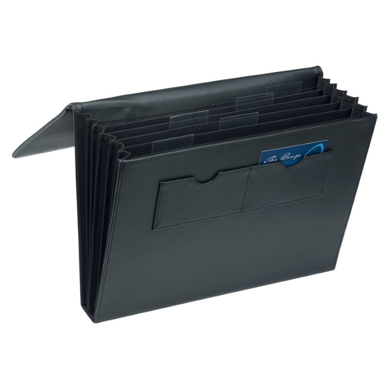 A4 Expandable File Portfolio in imitation leather with accordion compartments and business card holders for organized document storage.