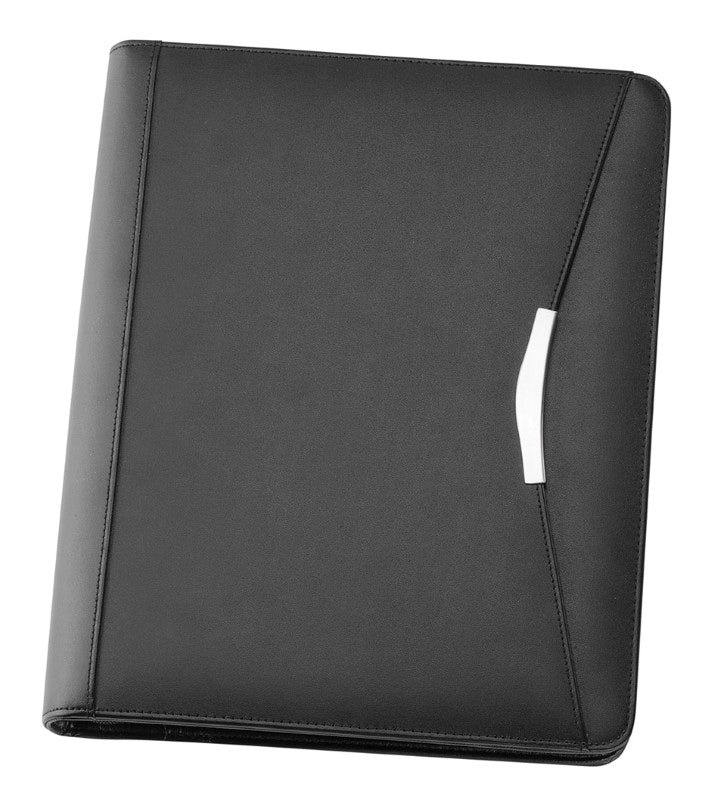 A sophisticated A4 bonded leather compendium with a solar calculator, zippered closure, and multiple organizational pockets.