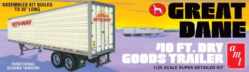 Detailed 1/25 scale model kit of Great Dane Semi Trailer with 119 parts, functional reefer, and movable suspension for enthusiasts.