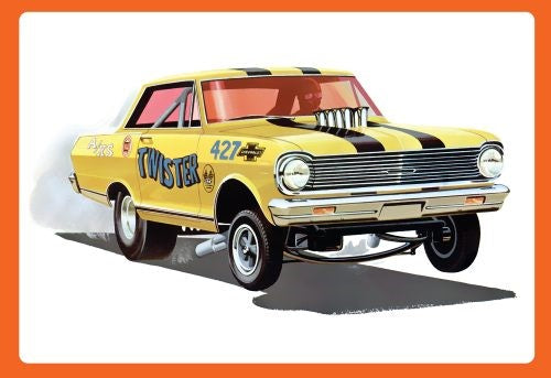 Detailed 1/25 scale model kit of a '65 Chevy Nova Twister dragster with chrome accents and vintage racing features.