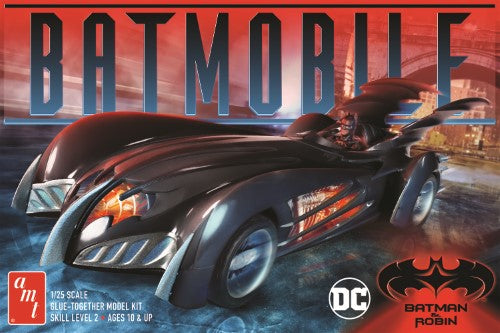 Detailed 1/25 model kit of the iconic 1997 Batman & Robin Batmobile with chrome wheels and unique vinyl tires.