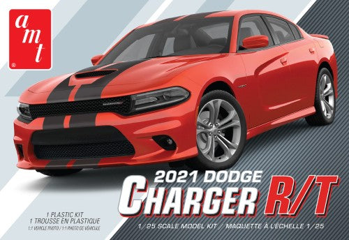 Detailed 1/25 scale model kit of 2021 Dodge Charger RT with 144 parts, featuring accurate tooling and customization options.