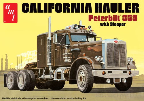 Detailed 1/25 scale Peterbilt 359 kitset, featuring chrome parts, Detroit Diesel engine, and customizable decals.