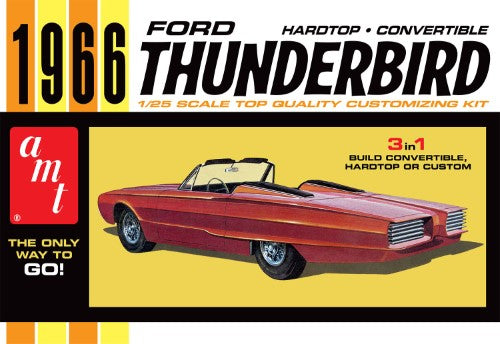 1:25 scale model kit of a '66 Ford Thunderbird, offering flexible builds as hardtop, convertible, or custom with 116 detailed parts.
