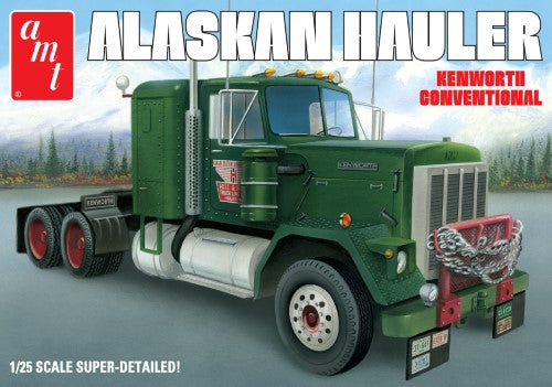 Detailed 1/25 scale model kit of Kenworth Alaskan Hauler featuring a 6-cylinder engine and over 300 precision parts.