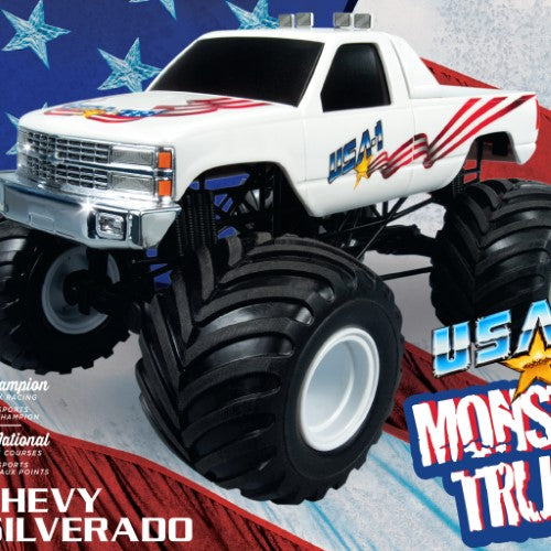 Detailed 1/32 USA-1 Monster Truck model kit in white, featuring 23 snap-together parts and vibrant decals, no painting needed.