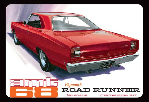 1/25 scale model of a 1968 Plymouth Road Runner kit with over 110 parts for custom builds, featuring chrome details and vintage packaging.