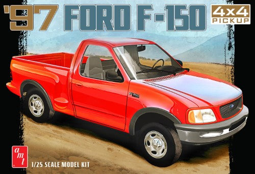 Detailed 1/25 scale model kit of a 1997 Ford F-150 4x4 Pickup featuring off-road tires and roll bar for enthusiasts.