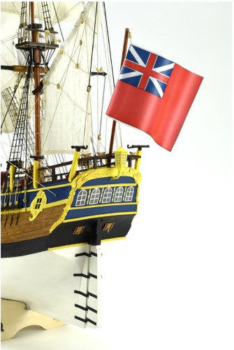 Detailed wooden model kit of the HMS Endeavour, a historic 18th-century ship led by Captain James Cook.