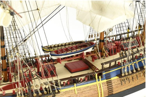 Detailed 1/65 scale wooden model kit of the HMS Endeavour, celebrating maritime exploration and Captain Cook's voyages.