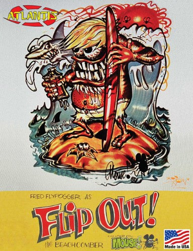 Colorful plastic model of Fred Flypogger, a surfing monster with movable eyes, surfboard, and detailed sand pad, stands 6.5 inches tall.