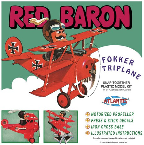 Model kit of the SNAP Red Baron Fokker Triplane, vibrant colors, 28 pieces, includes motor for propeller operation.